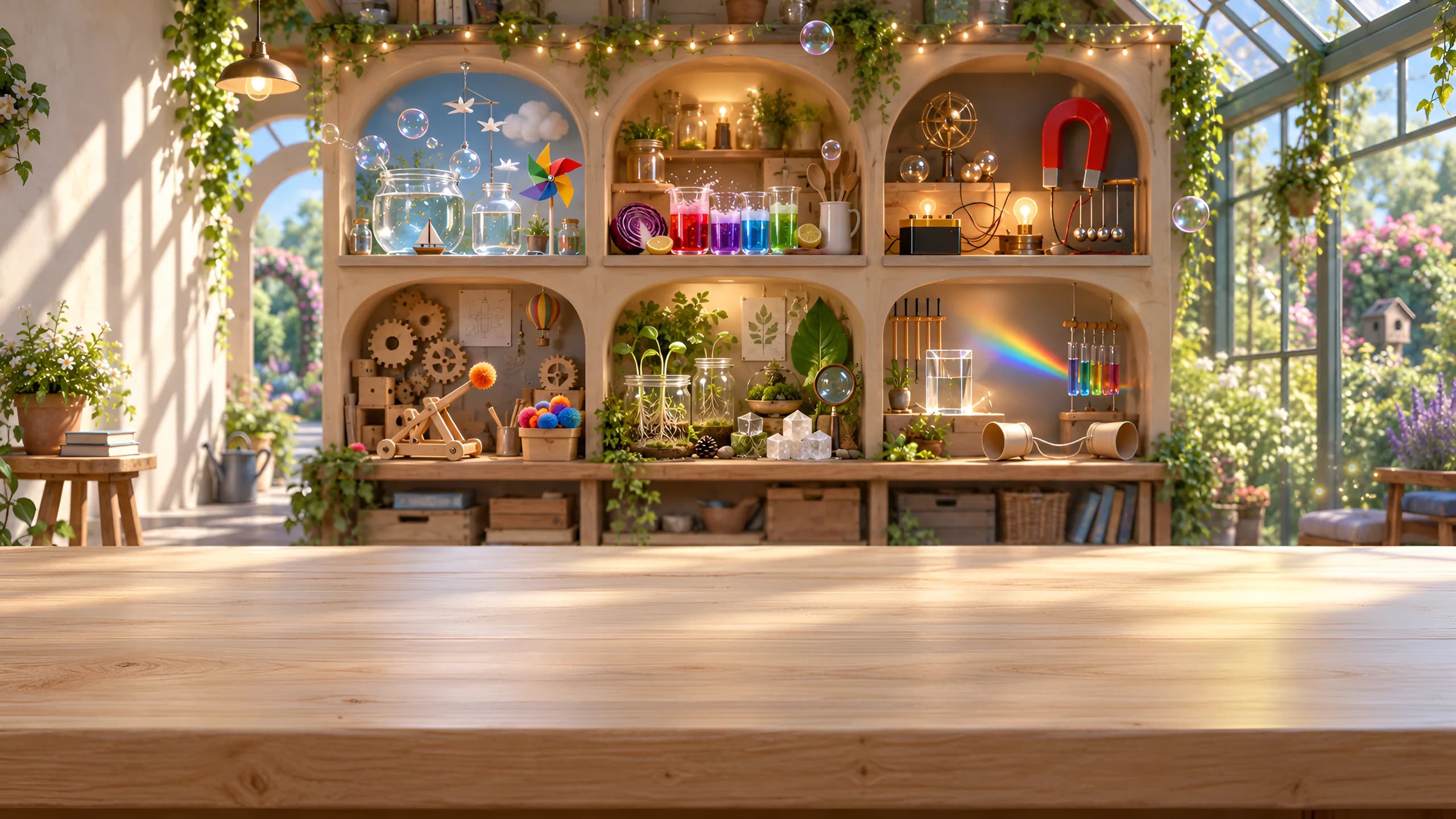 Un atelier d’inventeurs baigné de soleil : six alcôves remplies d’expériences (eau, chimie de cuisine, électricité, mécanique, nature, lumière et son) au-dessus d’un grand établi en bois.