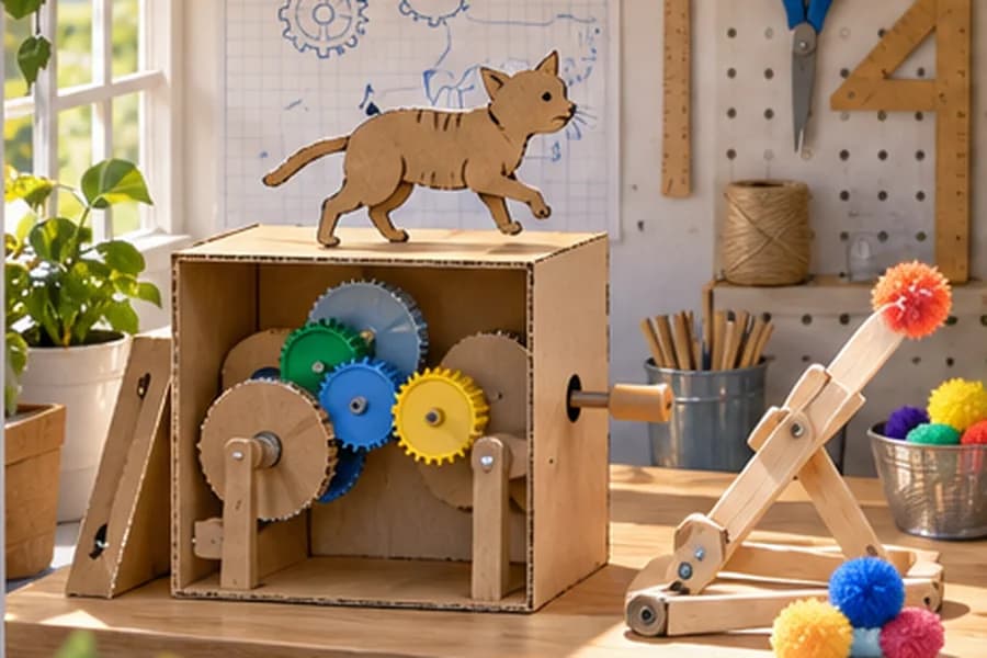 L’alcôve des inventions : automate en carton, engrenages et catapulte à pompons