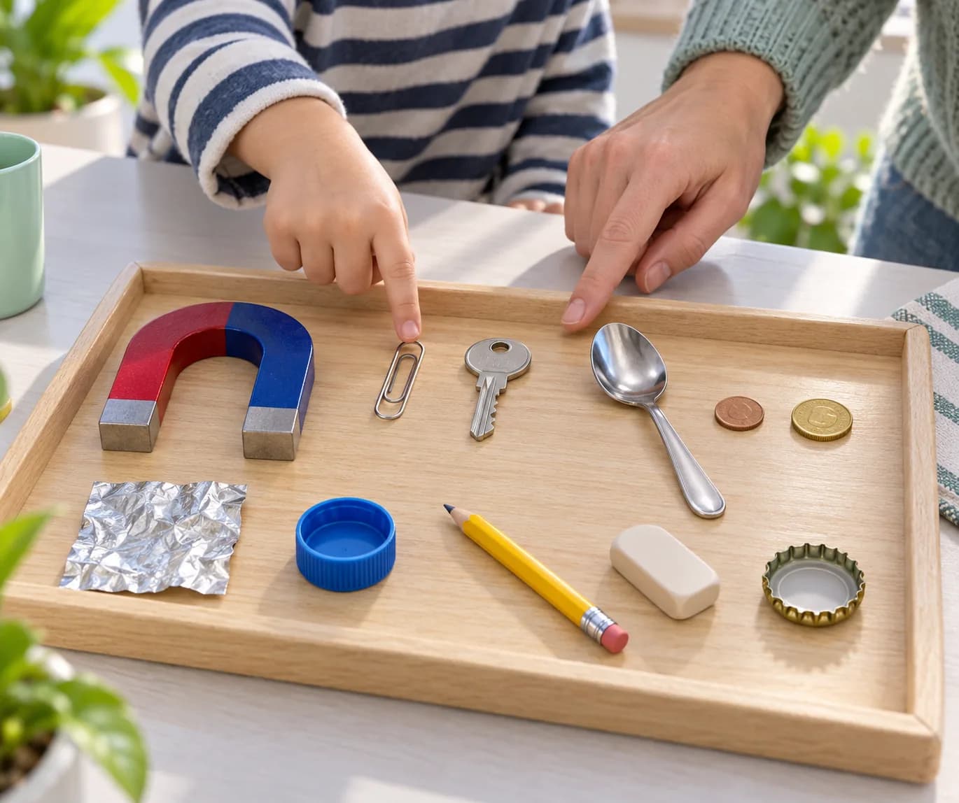 Étape 7 : Avec l’adulte, recompte les 10 objets et l’aimant avant leur rangement.