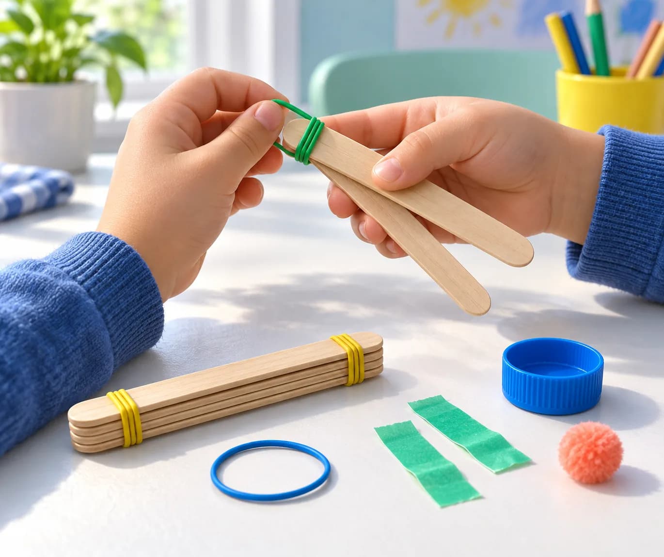 Étape 2 : Superpose les 2 bâtonnets restants. Attache-les ensemble à une seule extrémité avec le troisième élastique.