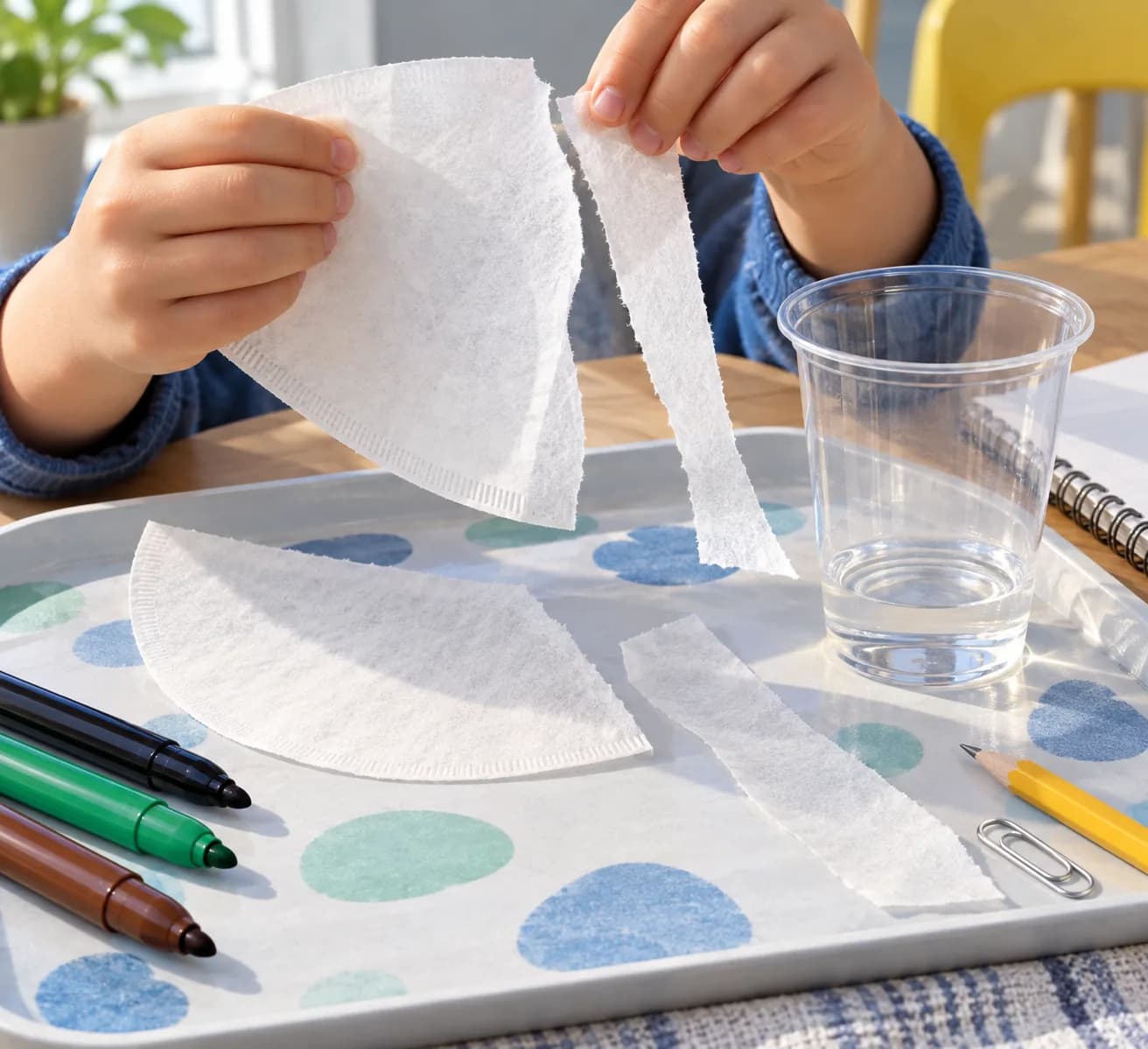 Étape 2 : Détache à la main une bande de papier d’environ deux doigts de largeur, assez longue pour descendre dans le gobelet depuis son bord supérieur. Avec un