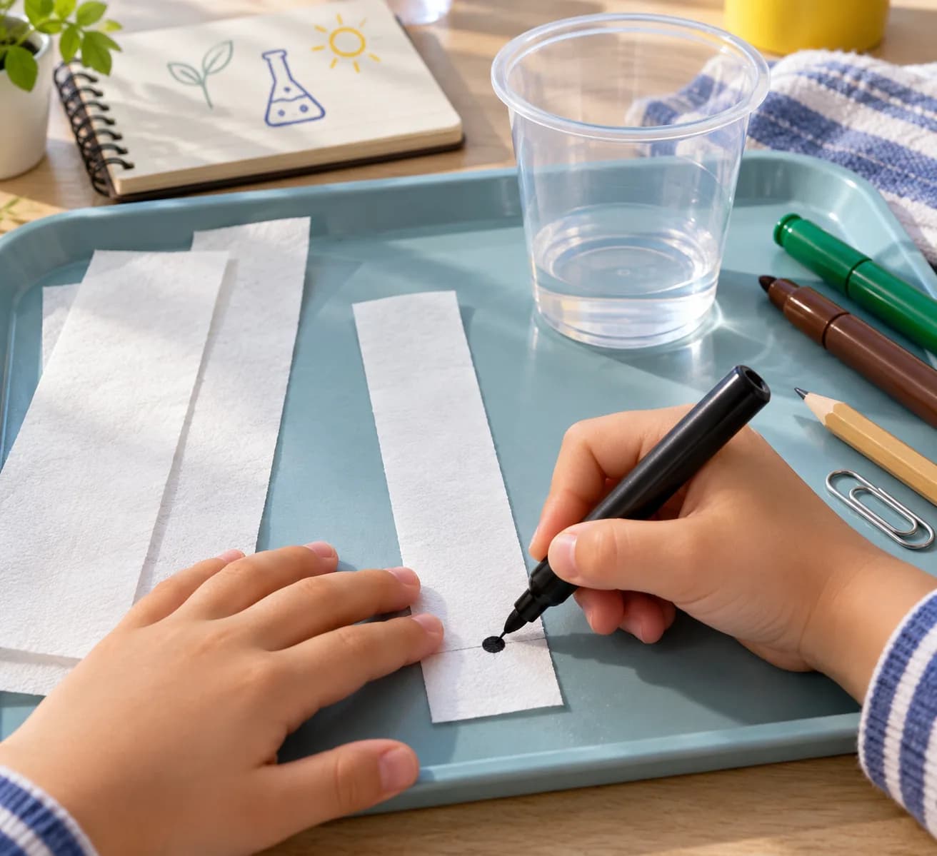 Étape 3 : Au crayon, trace un petit repère à environ 2 cm du bas de la bande. Sur ce repère, dépose au feutre noir une tache compacte, de la taille d’un petit p