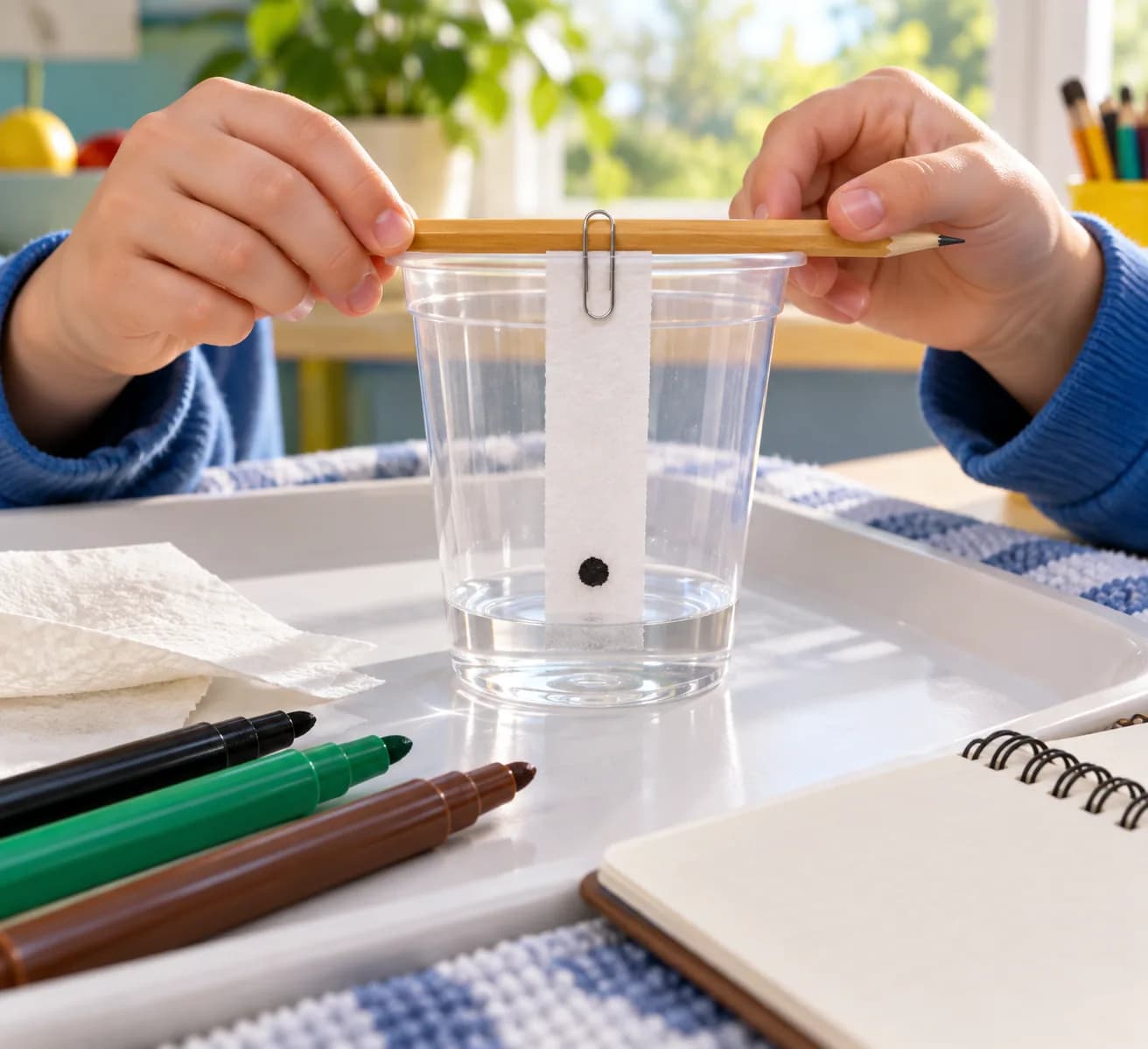 Étape 4 : Attache le haut de la bande au crayon avec le trombone, puis pose le crayon en travers du gobelet. Ajuste la suspension pour que seuls les 5 premiers