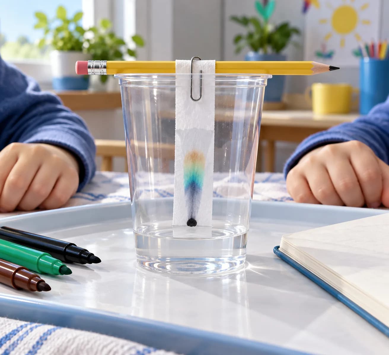 Étape 5 : Observe l’eau qui monte dans le papier sans déplacer le montage. Compare le bord de la zone humide et les traces colorées pendant 10 à 20 minutes, en