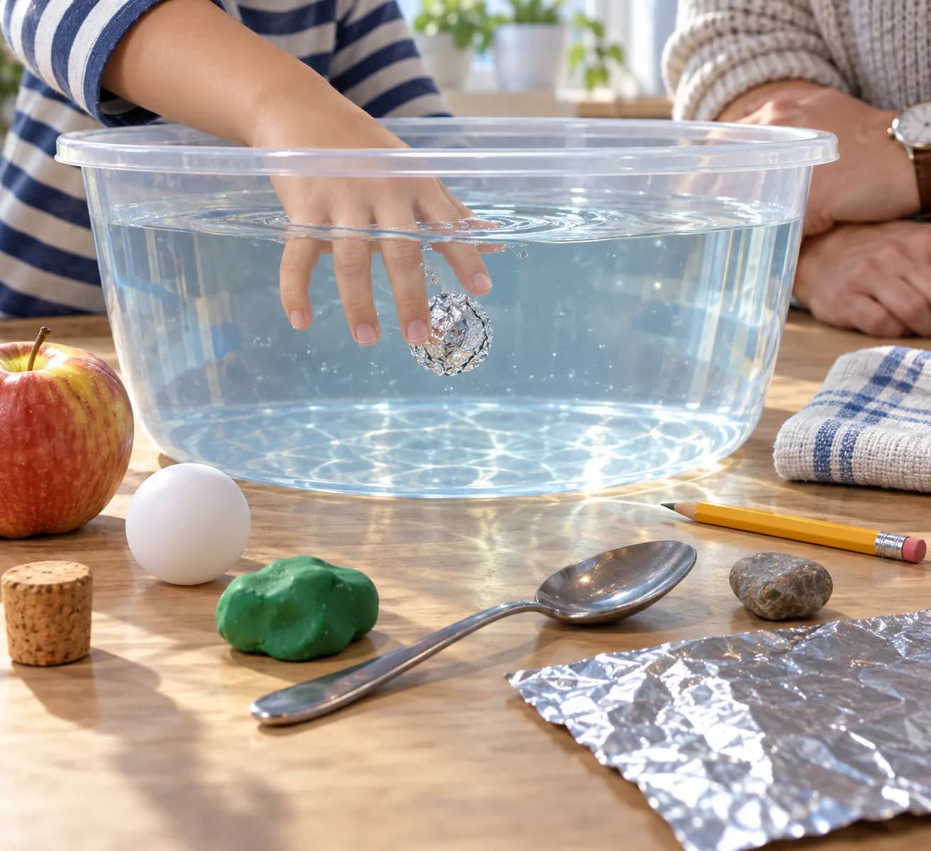 Étape 7 : Enfonce doucement la boule d’aluminium juste sous la surface, puis lâche-la dans l’eau sans lui donner d’élan. Observe si elle remonte, reste entre de