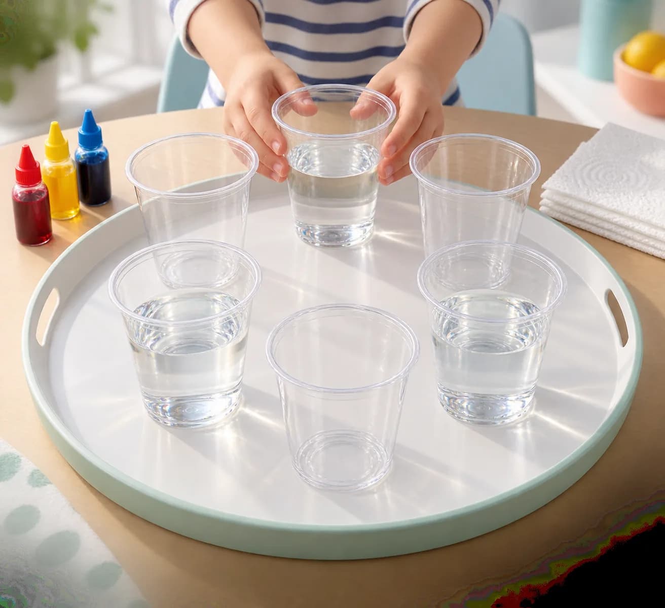 Étape 2 : Remplis un gobelet sur deux à mi-hauteur avec l’eau du robinet : tu obtiens trois gobelets contenant chacun environ 100 ml d’eau, séparés par trois go