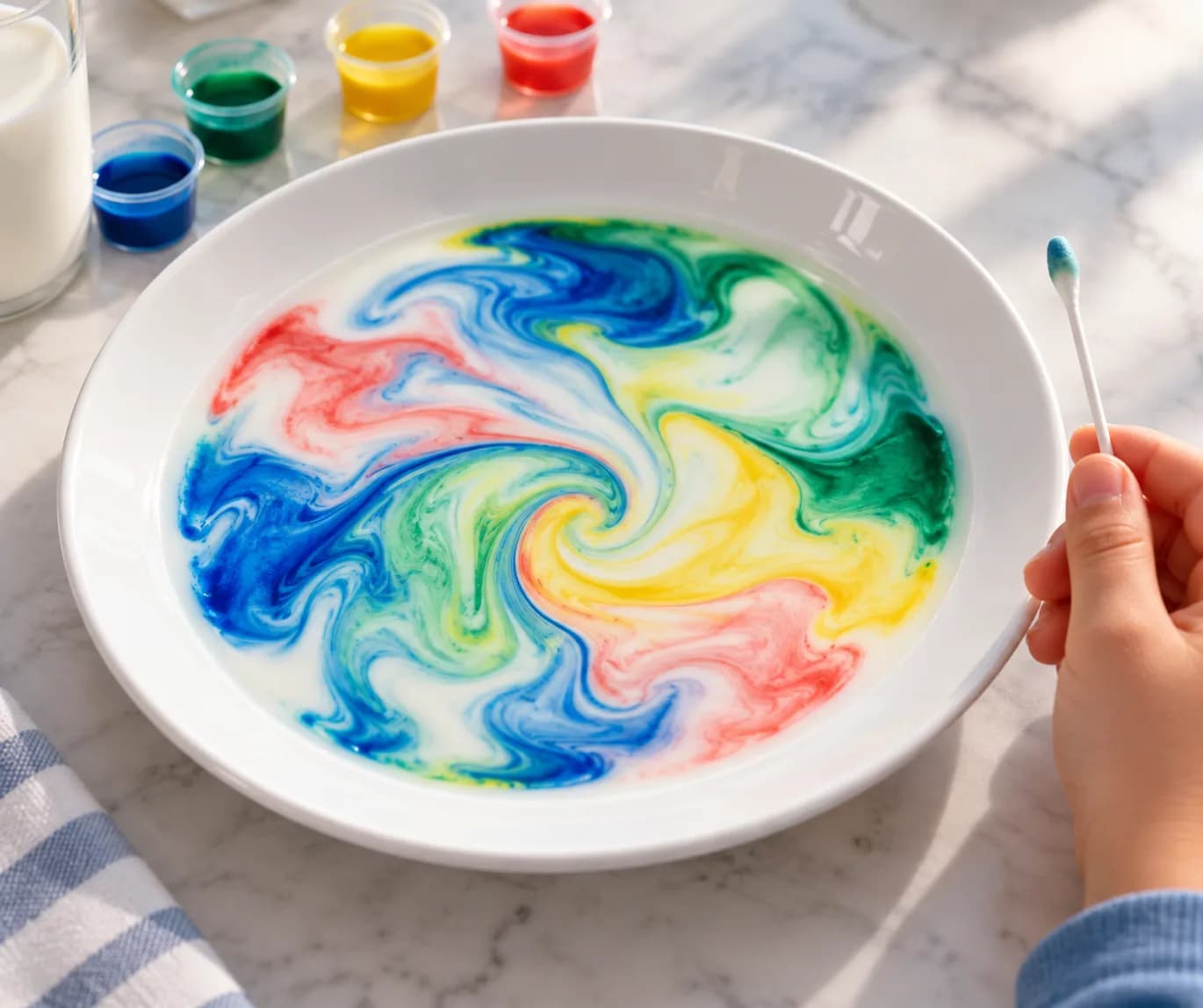 Étape 7 : Observe les couleurs sans déplacer l’assiette : regarde le premier mouvement, puis les changements pendant plusieurs minutes. Compare ce résultat avec