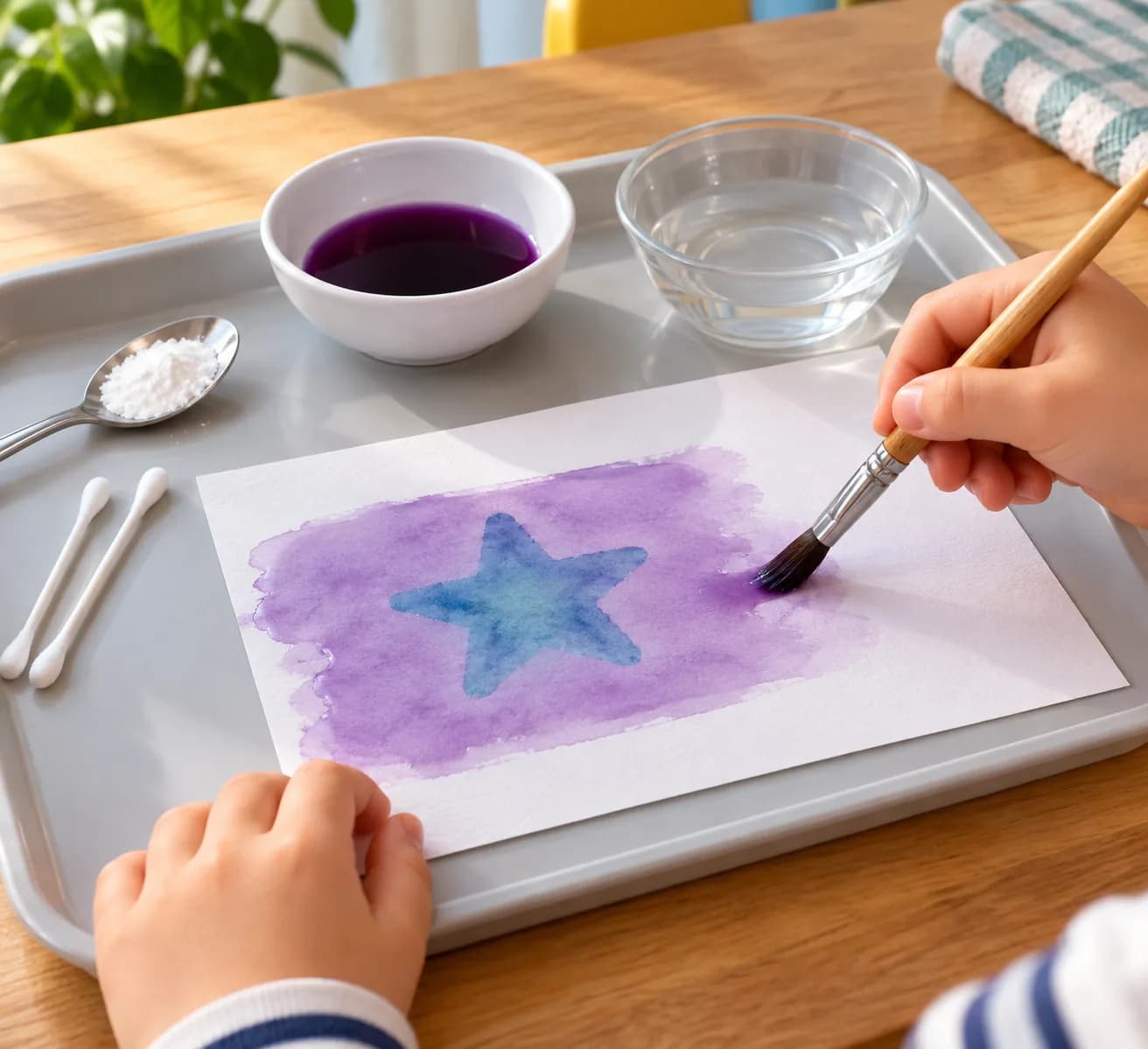Étape 6 : Trempe légèrement le pinceau dans le jus violet. Passe-le doucement en une couche fine sur le message et sur la petite zone sans écriture située à côt