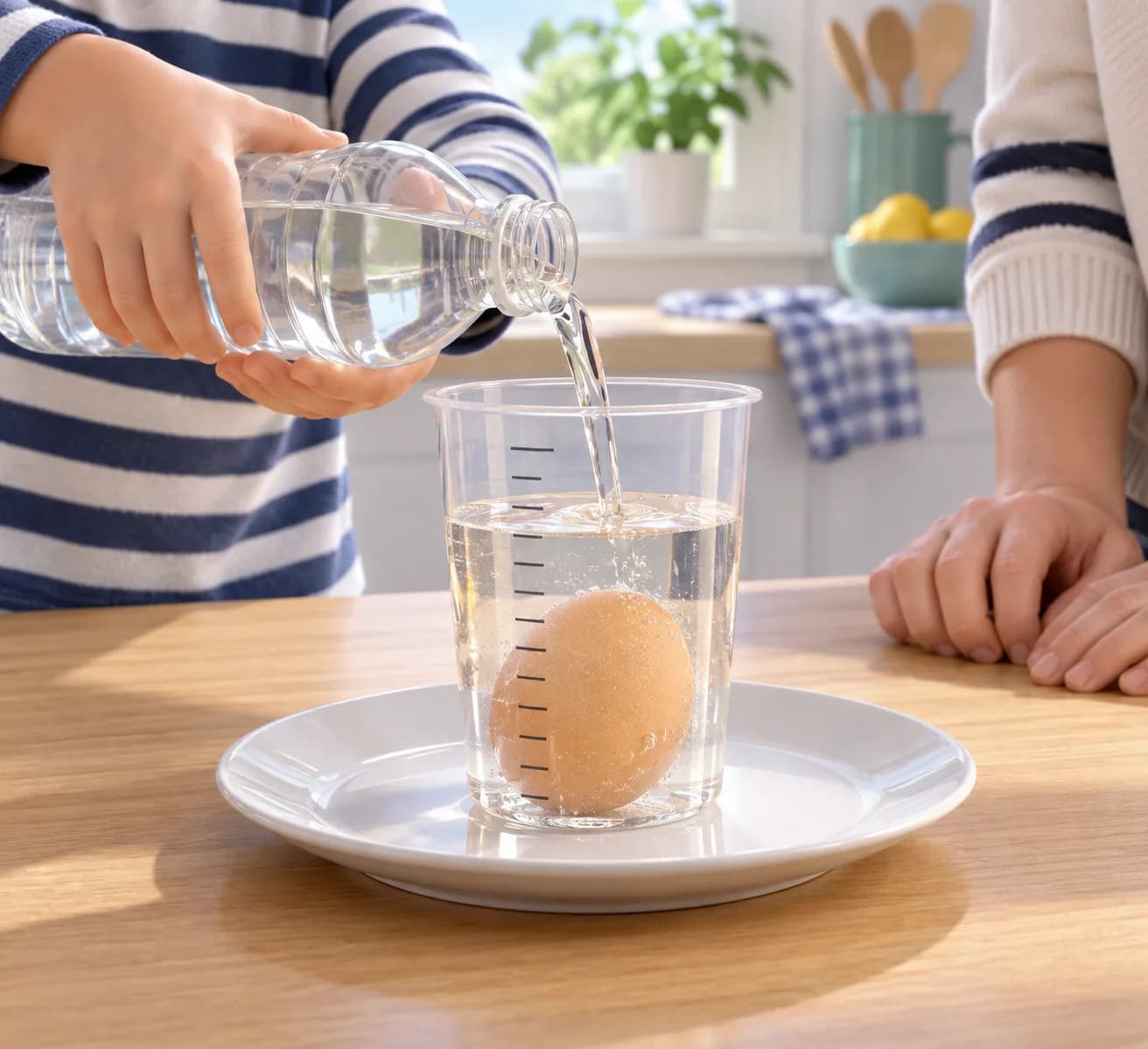 Étape 2 : Verse doucement 250 ml de vinaigre alimentaire dans le gobelet en suivant ses graduations. L’œuf doit être entièrement recouvert.