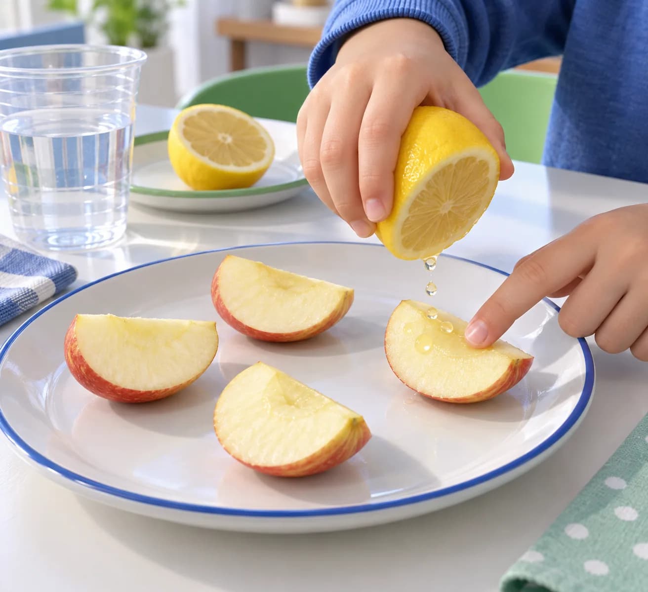Étape 5 : Presse doucement le demi-citron au-dessus du quartier de droite, près de la chair, pour déposer trois gouttes sur chacune de ses deux faces coupées. É