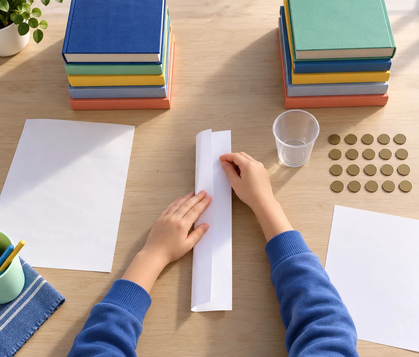 Étape 4 : Retire le gobelet, vide-le sur la table et mets la première feuille de côté. Prends une deuxième feuille identique et rapproche ses deux longs bords p