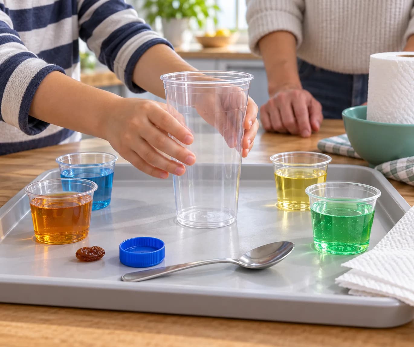 Étape 1 : Pose le plateau sur une table stable, puis place le grand gobelet transparent haut en plastique au centre. Dispose les quatre portions de 5 cl à côté
