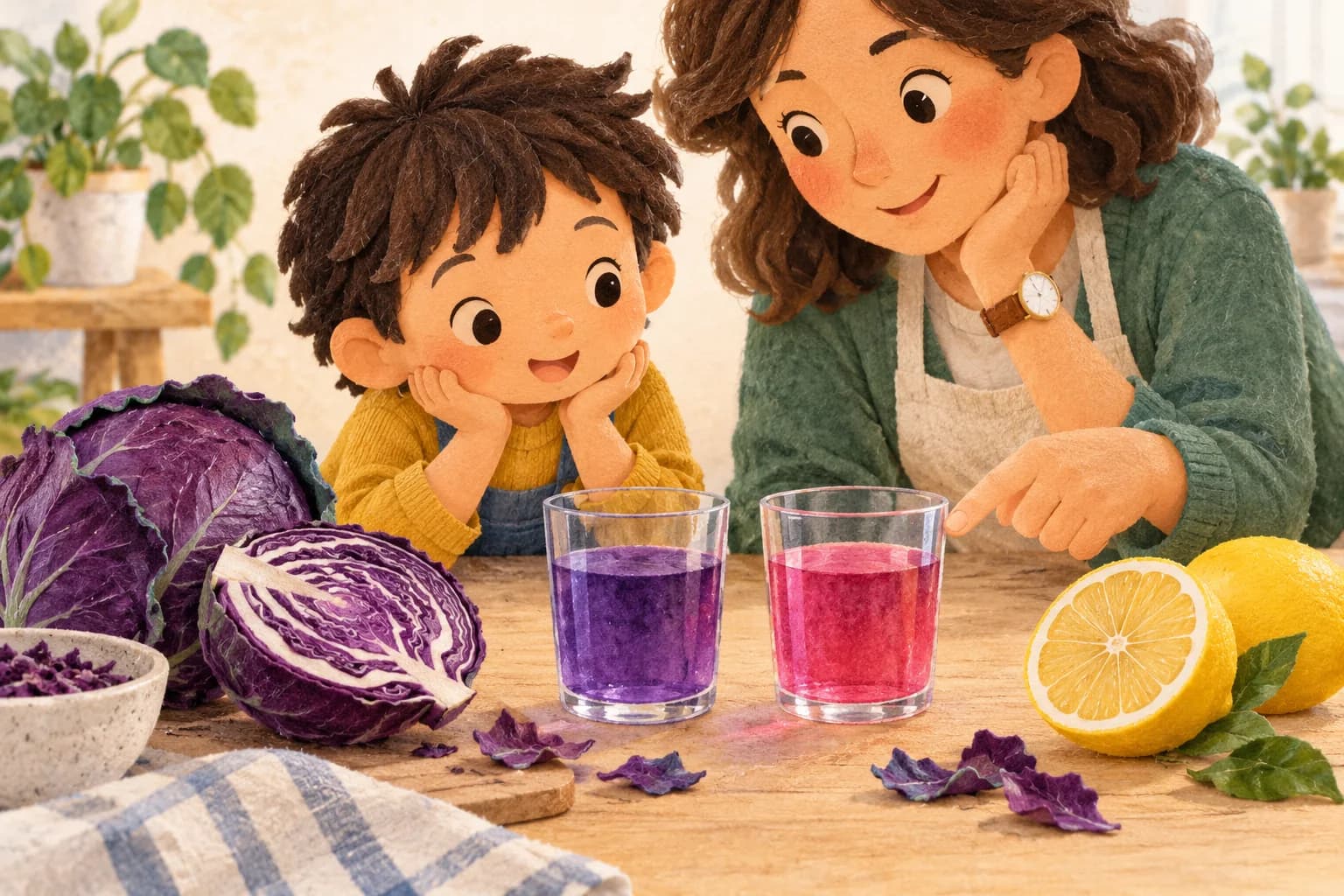 Un enfant et un adulte observent deux verres de jus de chou rouge, violet et rose, à côté d’un citron.