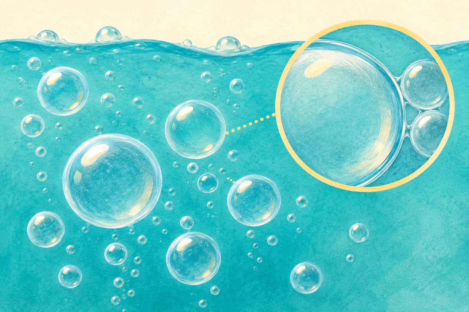Illustration conceptuelle de bulles de gaz dans un liquide, avec un agrandissement de leur contour et des minces films liquides qui les séparent.