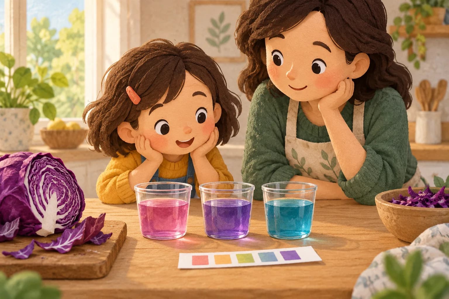Un enfant et sa maman observent des liquides rose, violet et bleu-vert près d’un chou rouge et d’une bandelette colorée.