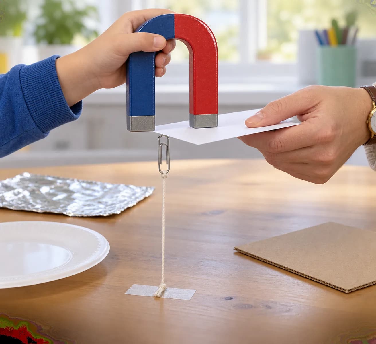 Étape 5 : Pendant que tu maintiens l’aimant, l’adulte glisse la feuille de papier dans le petit espace, sans pousser le trombone. Observe si le trombone reste s