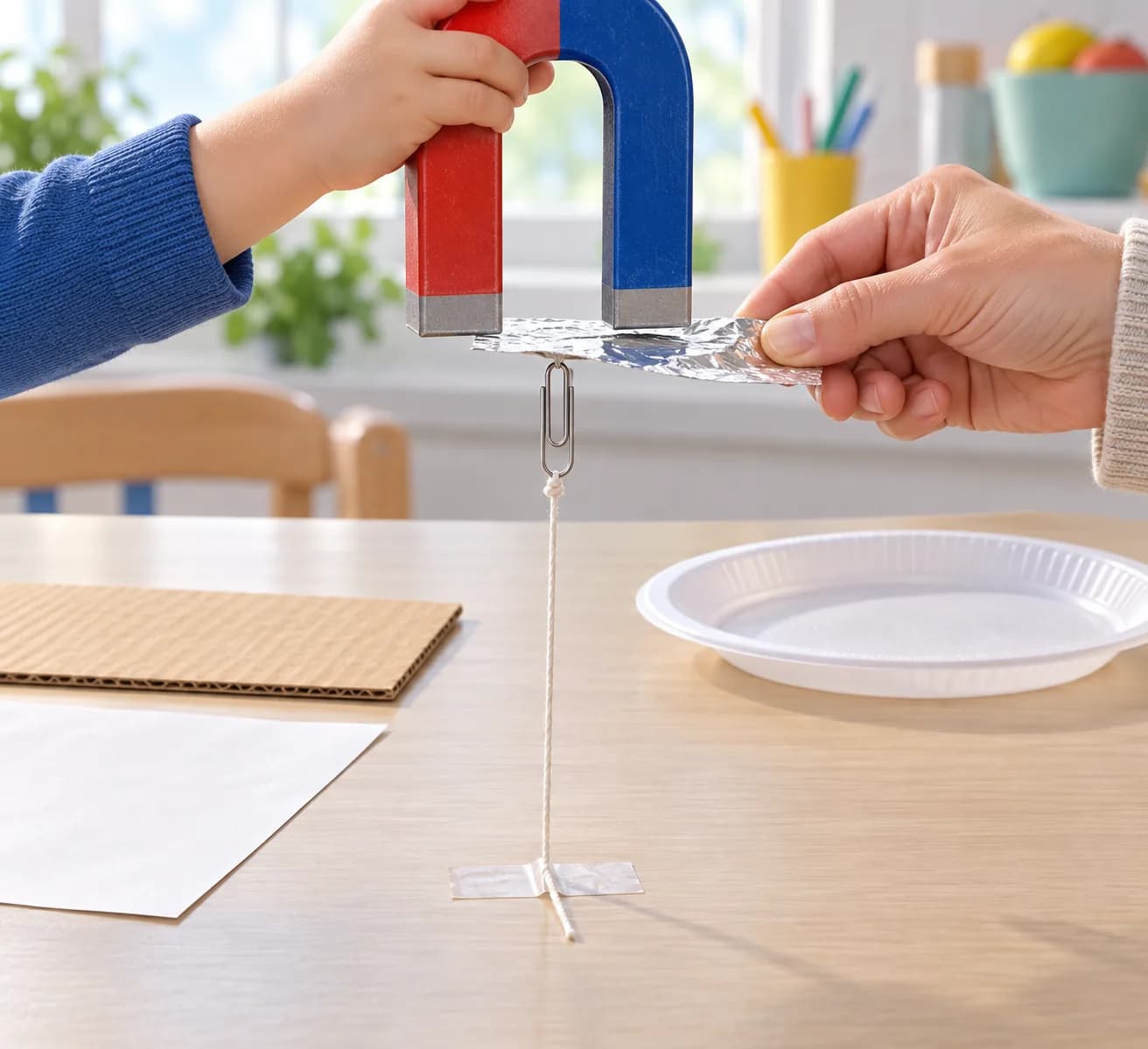 Étape 6 : Teste de la même façon le carton, l’assiette en plastique puis la feuille d’aluminium. Entre deux essais, remets le trombone en suspension sans obstac