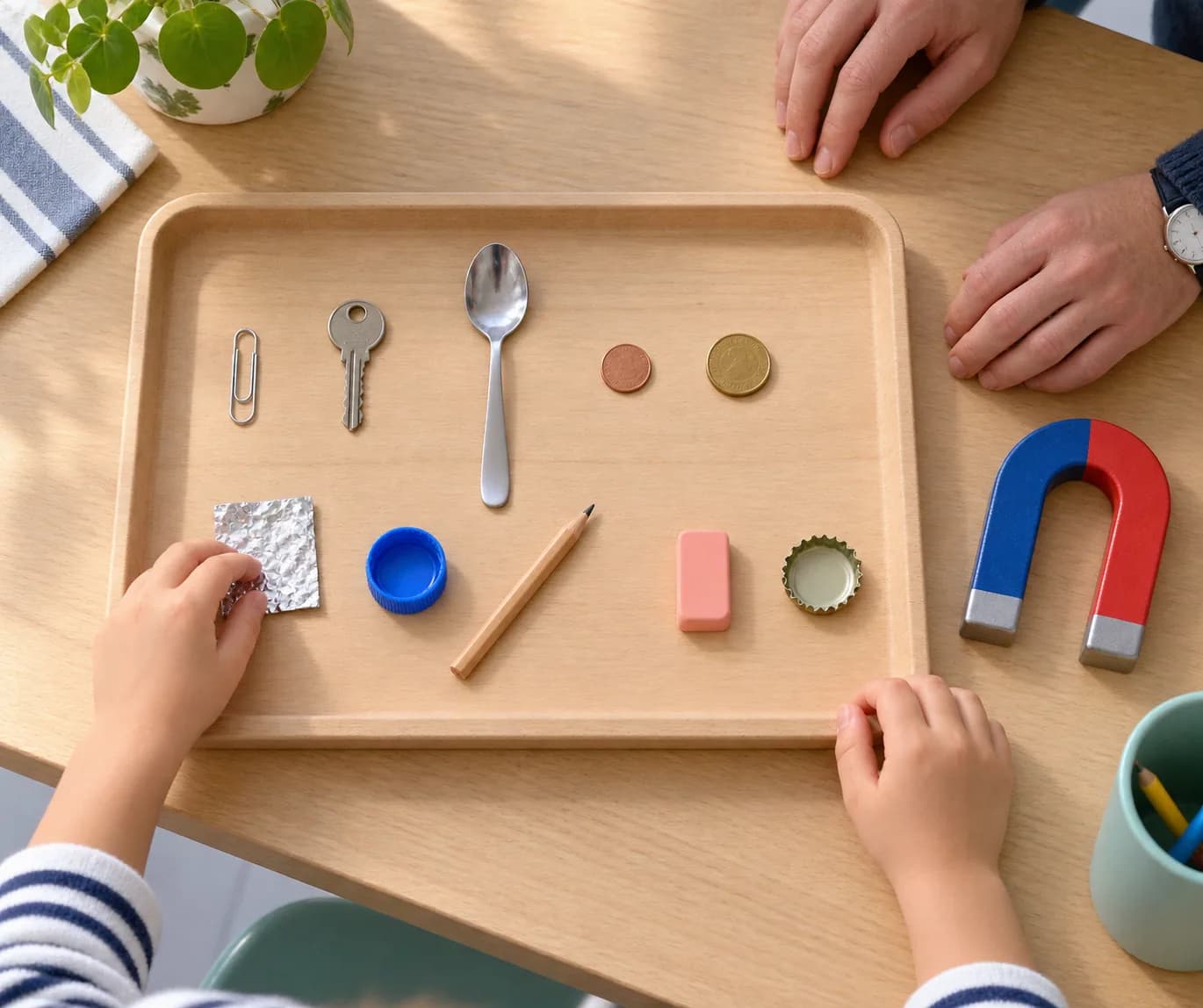 Étape 1 : Installe le plateau au milieu de la table et dispose les objets séparément. Avec l’adulte à côté de toi, compte les 10 objets à tester et le gros aima