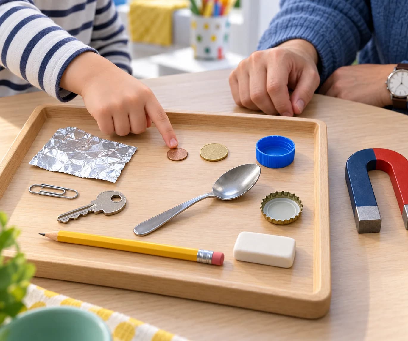 Étape 2 : Observe chaque objet sans utiliser l’aimant. Regarde sa couleur, son aspect et les différentes parties qui le composent.