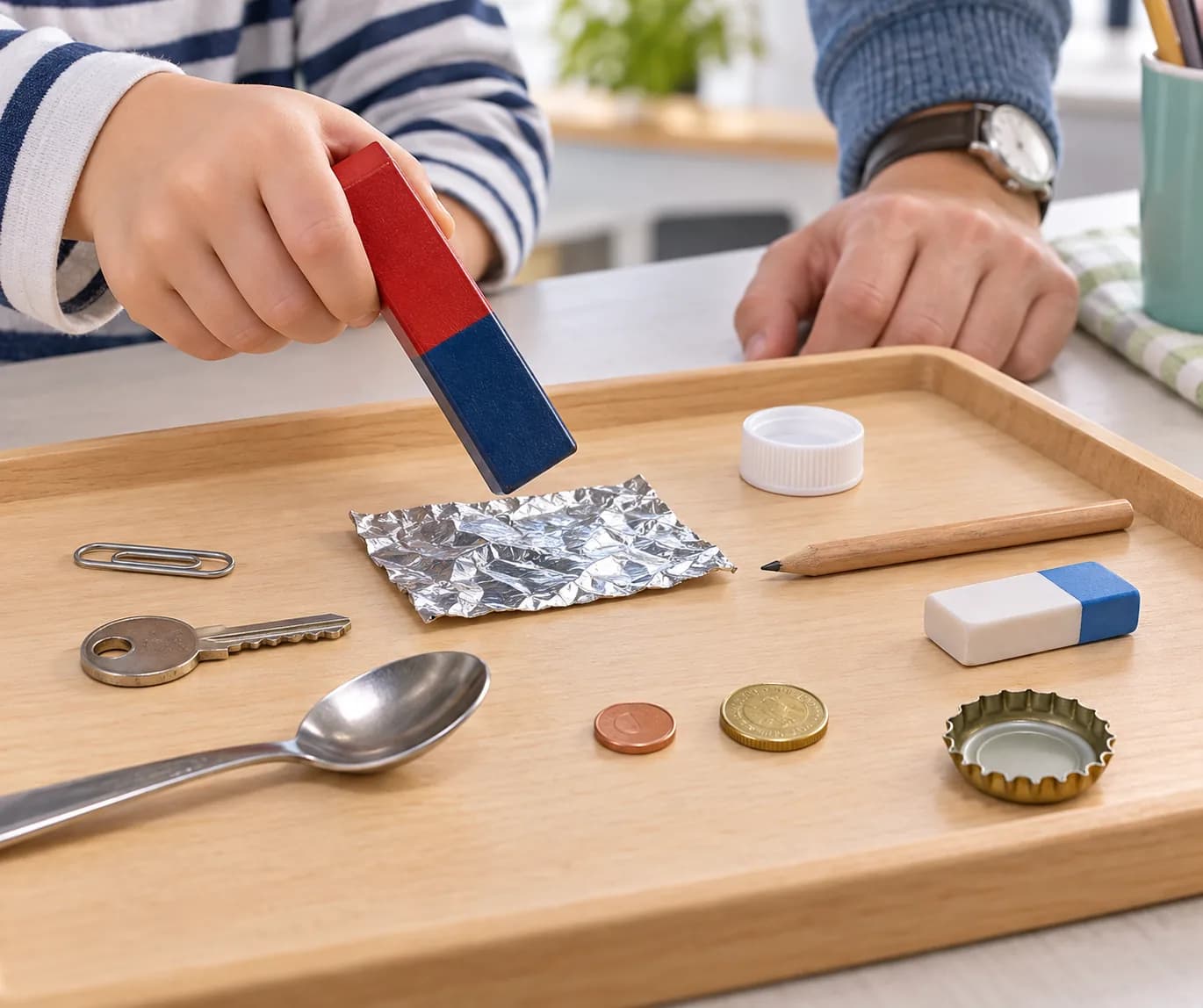 Étape 5 : Teste ensuite le papier aluminium posé à plat, le bouchon, le crayon, la gomme et la capsule. Approche doucement la même zone de l’aimant, sans pousse