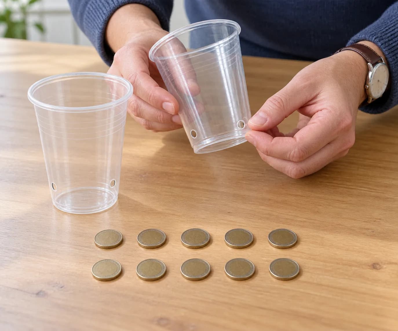 Étape 1 : L'adulte compte les 10 pièces et vérifie les gobelets. Il réalise deux petits trous opposés près du bas de chaque gobelet, sans laisser de bord coupan