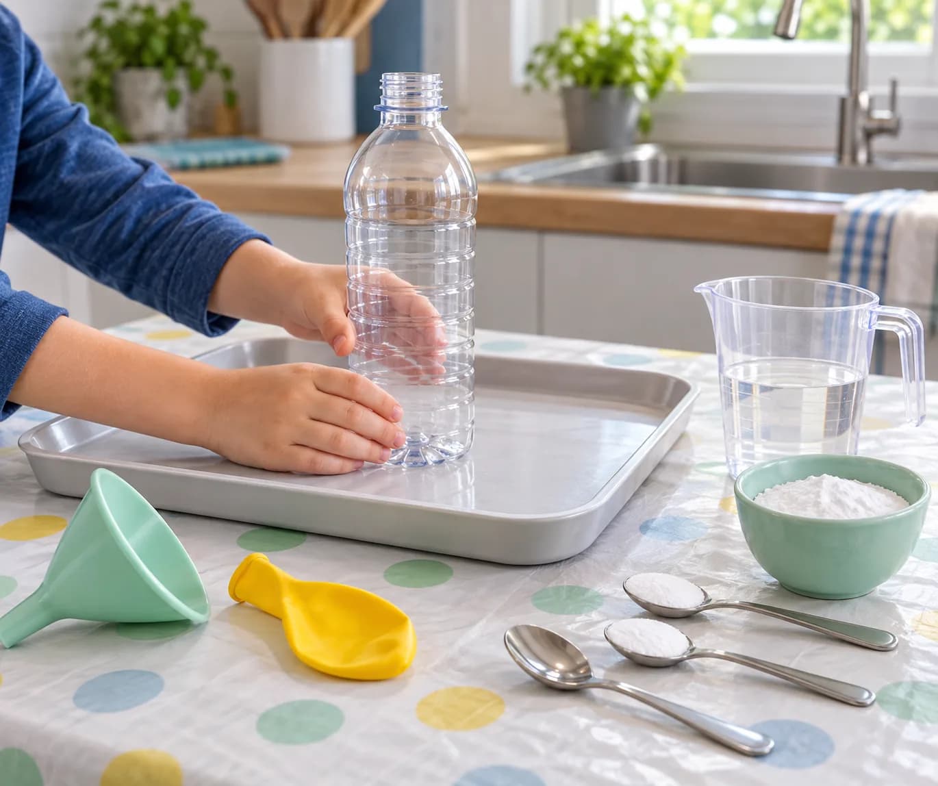 Étape 1 : Installe la bouteille vide sur un plateau, au milieu d’une table stable et protégée, près de l’évier. Vérifie qu’elle tient bien debout.