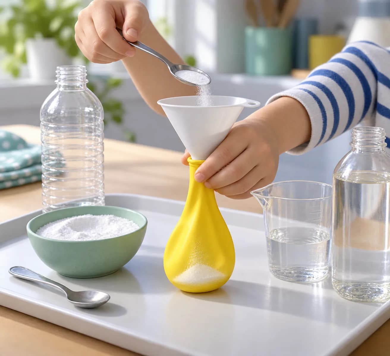 Étape 3 : Introduis l’extrémité de l’entonnoir sec dans l’ouverture du ballon. Verse dedans les 2 cuillères à café rases de bicarbonate alimentaire, puis retire
