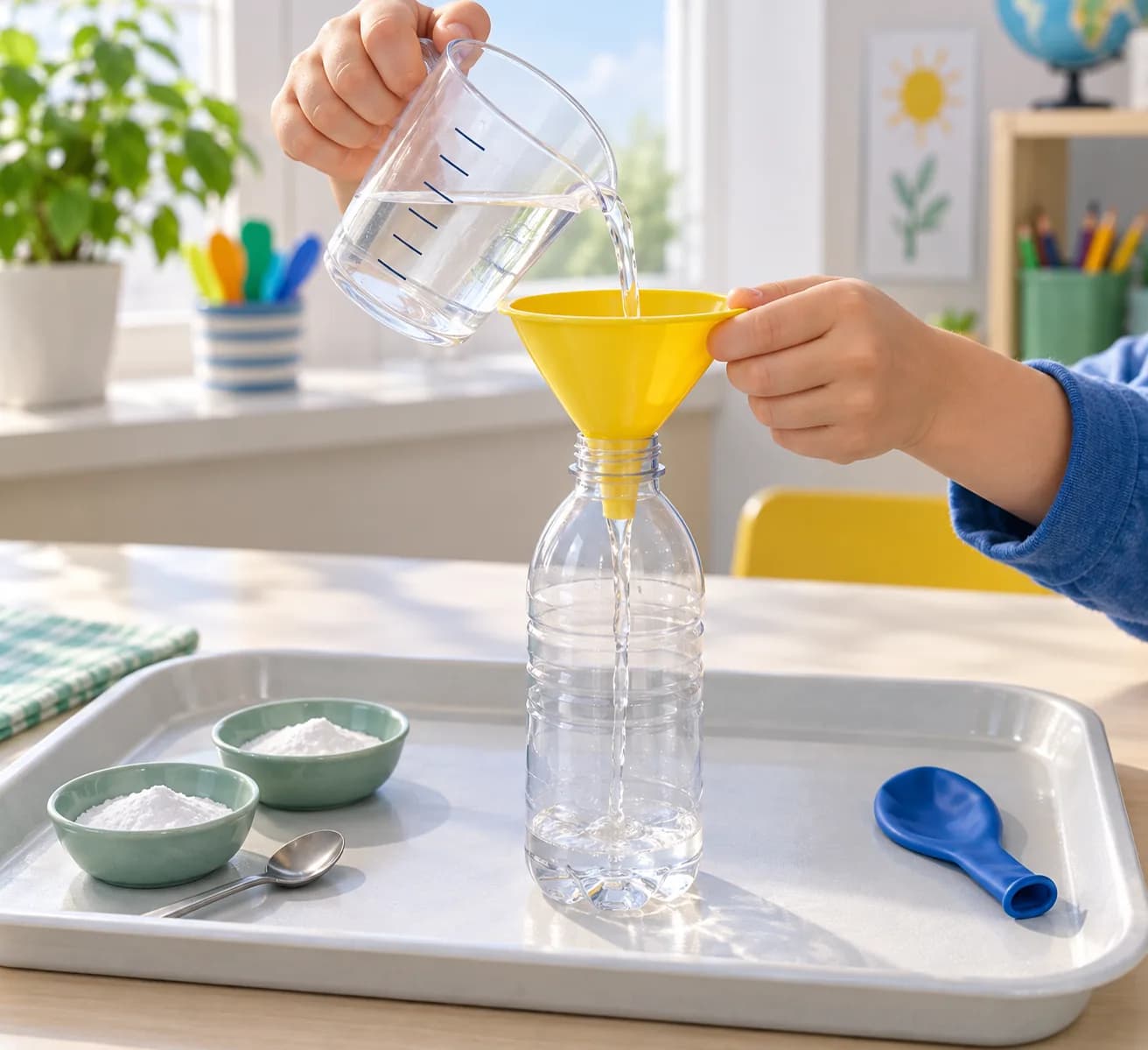 Étape 4 : Mesure 10 cl de vinaigre blanc alimentaire avec le récipient gradué, puis verse-les dans la bouteille. Utilise l’entonnoir si nécessaire, puis retire-
