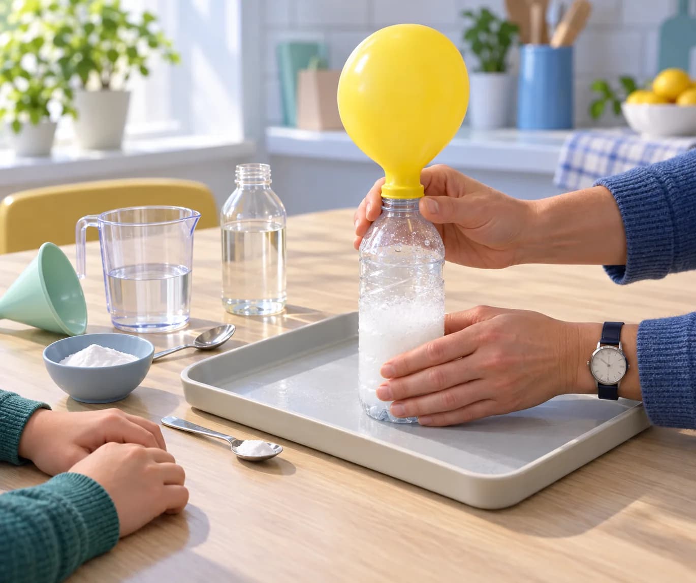 Étape 8 : Observe la mousse dans la bouteille et la forme du ballon pendant quelques minutes. Laisse ensuite l’ensemble posé jusqu’à ce que la formation de bull