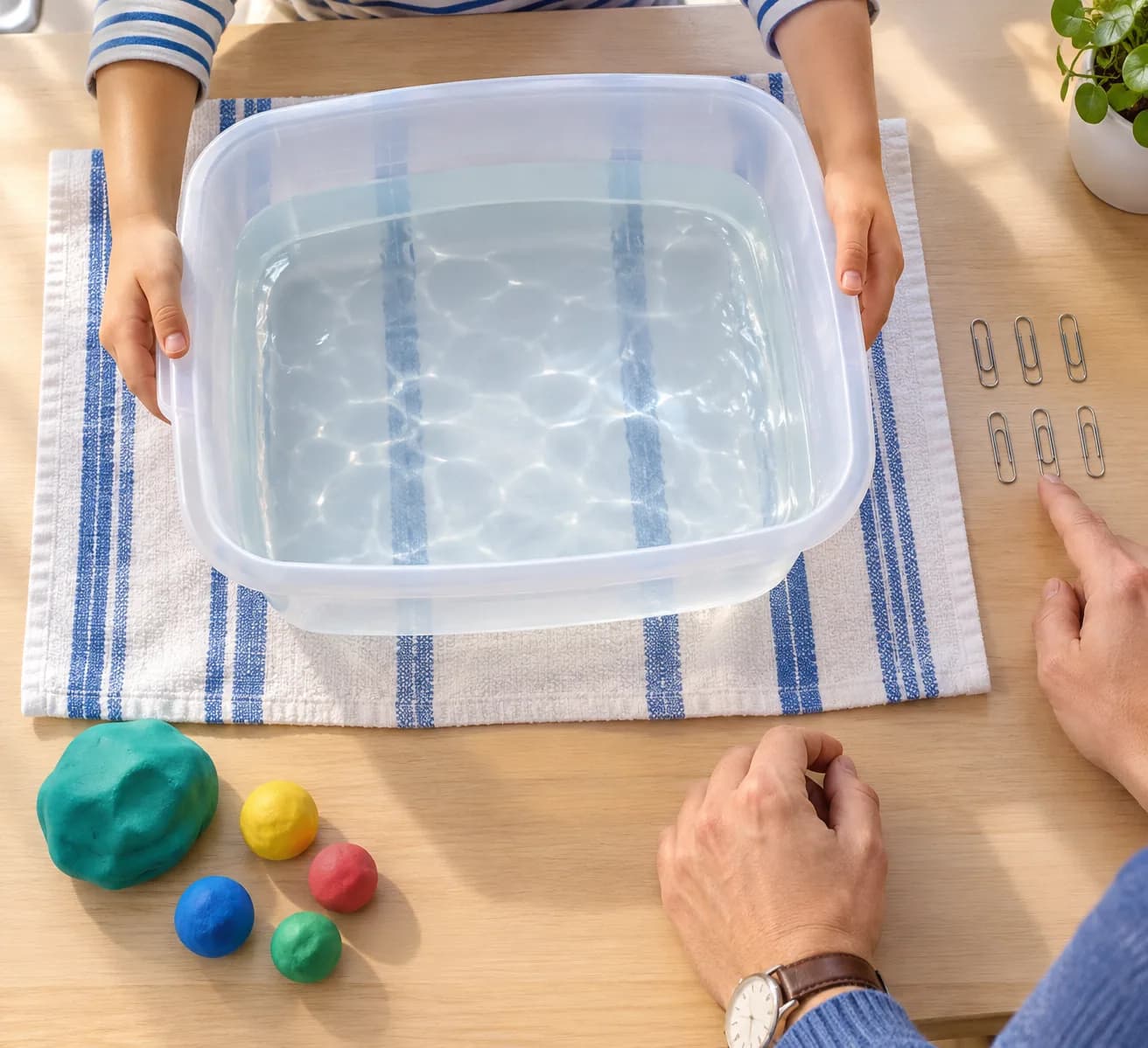 Étape 1 : Installe la bassine sur le torchon, au milieu d'une table stable. Compte les 6 trombones avec l'adulte et place-les au sec, à côté de la bassine.