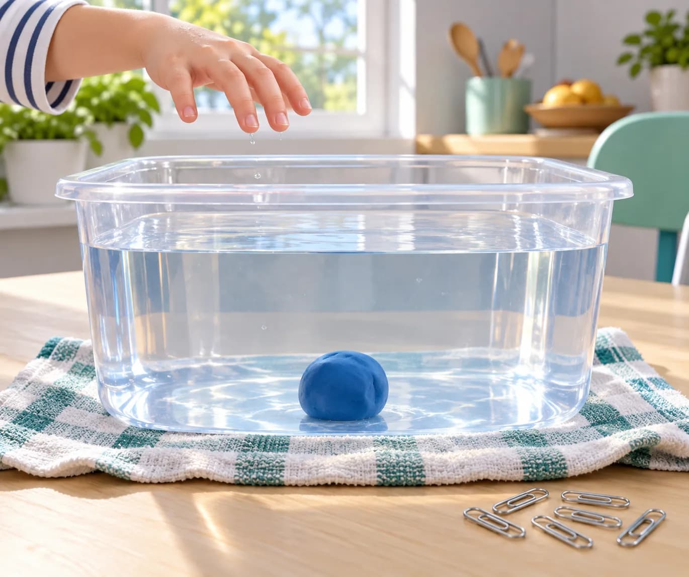 Étape 2 : Rassemble les 50 g de pâte à modeler en une seule boule. Dépose-la doucement dans l'eau, puis retire ta main pour observer où elle se place.