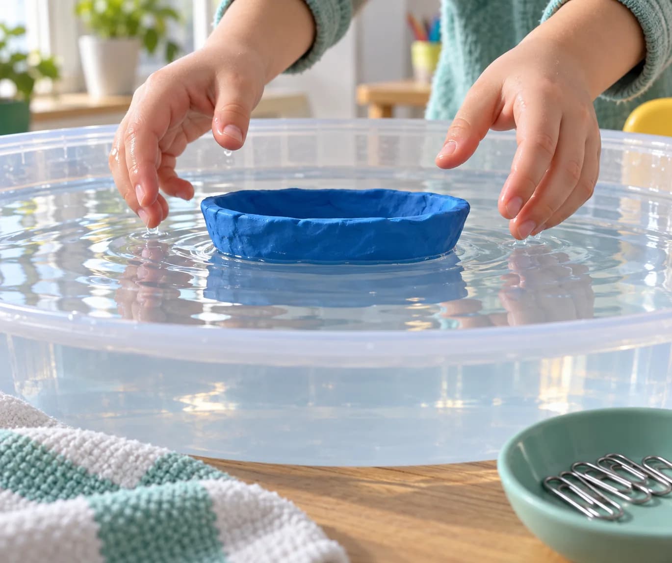 Étape 5 : Pose la coque bien à plat sur l'eau, avec son ouverture vers le haut, puis lâche-la doucement. Si l'eau entre immédiatement, récupère toute la pâte, s