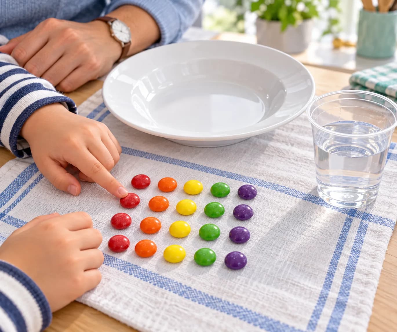 Étape 1 : Installe l'assiette blanche creuse sur une table stable et protégée par un torchon. Avec l'adulte, compte les 20 bonbons avant de commencer.