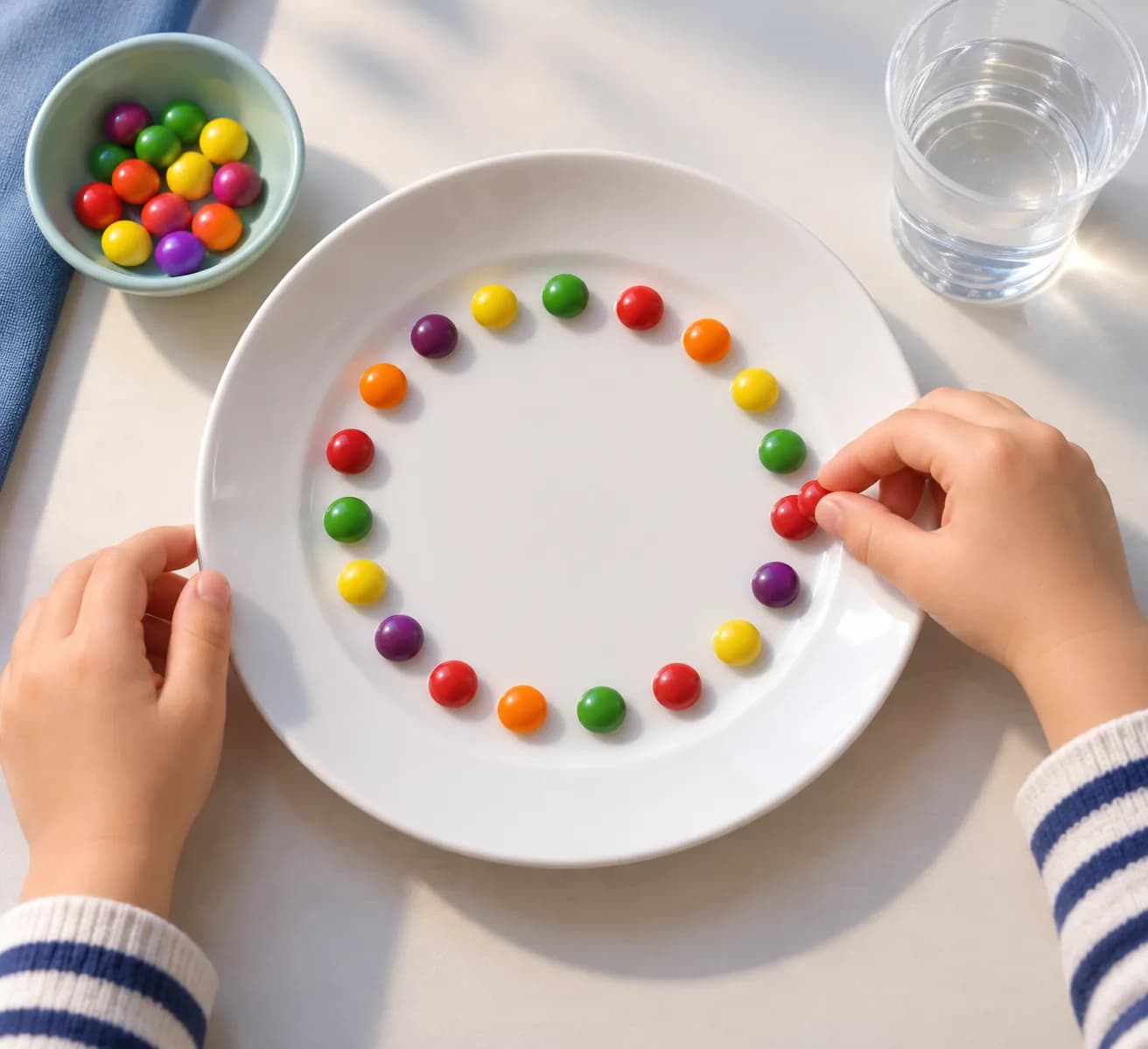 Étape 2 : Dispose les 20 bonbons en cercle sur le fond plat de l'assiette, près de son pourtour. Alterne les couleurs et laisse un petit espace entre les bonbon