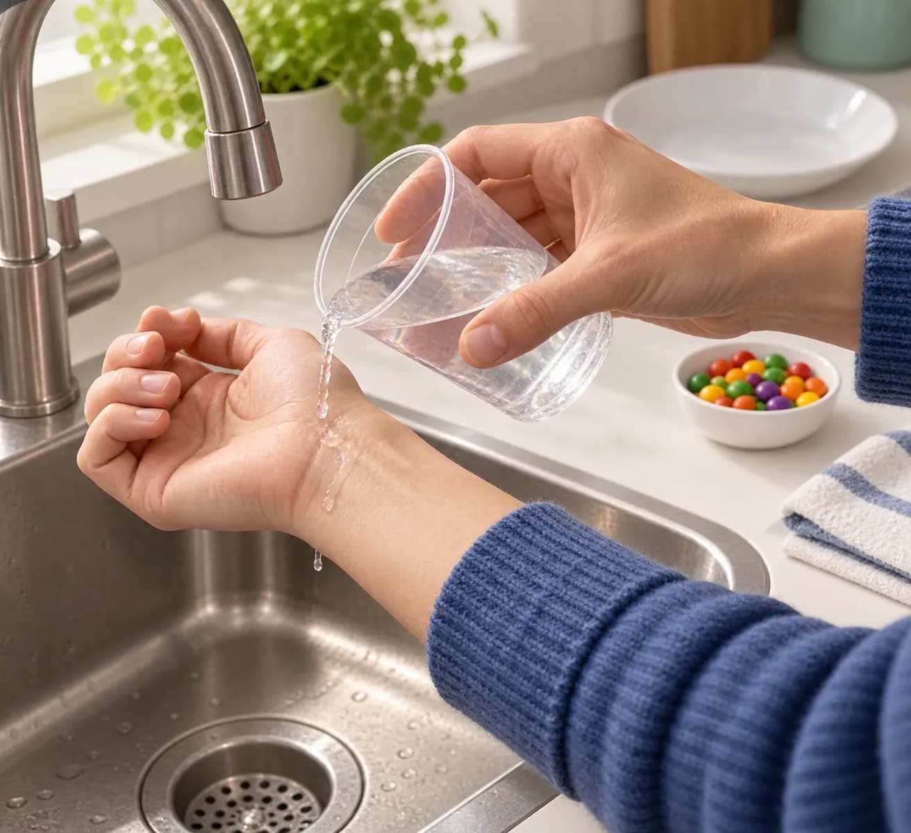 Étape 3 : L'adulte prépare au robinet un gobelet en plastique transparent contenant 150 ml d'eau tiède, à 40 °C au maximum. L'adulte vérifie que l'eau est agréa