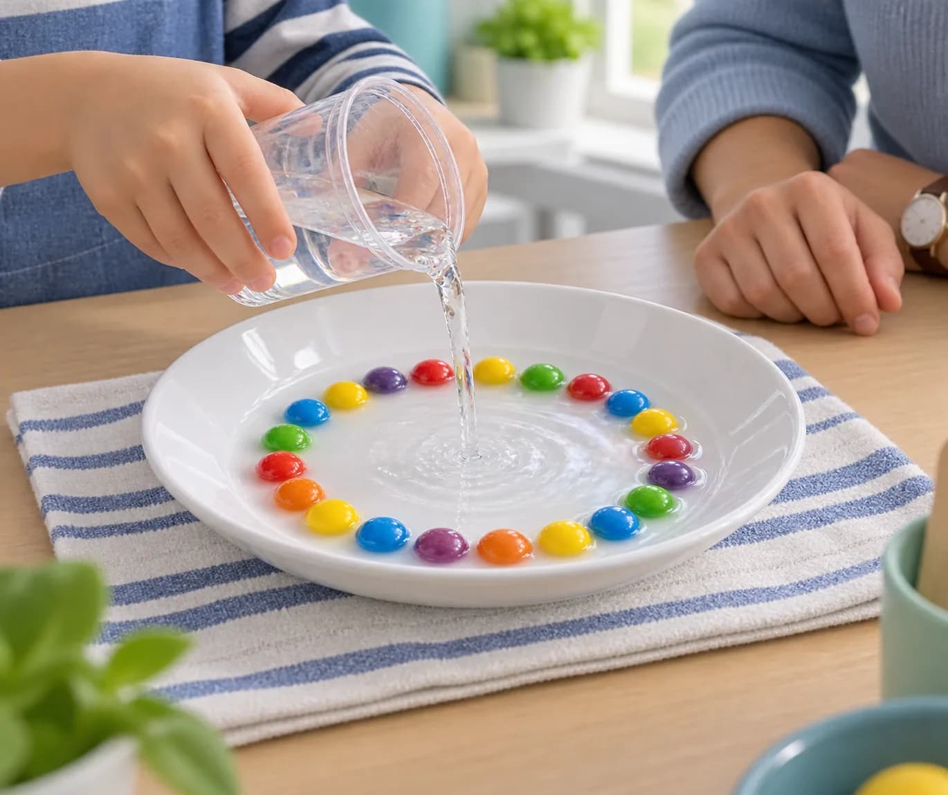 Étape 4 : Verse doucement les 150 ml d'eau au centre de l'assiette, près de sa surface, pour que l'eau s'étale jusqu'aux bonbons. Pose ensuite le gobelet en pla