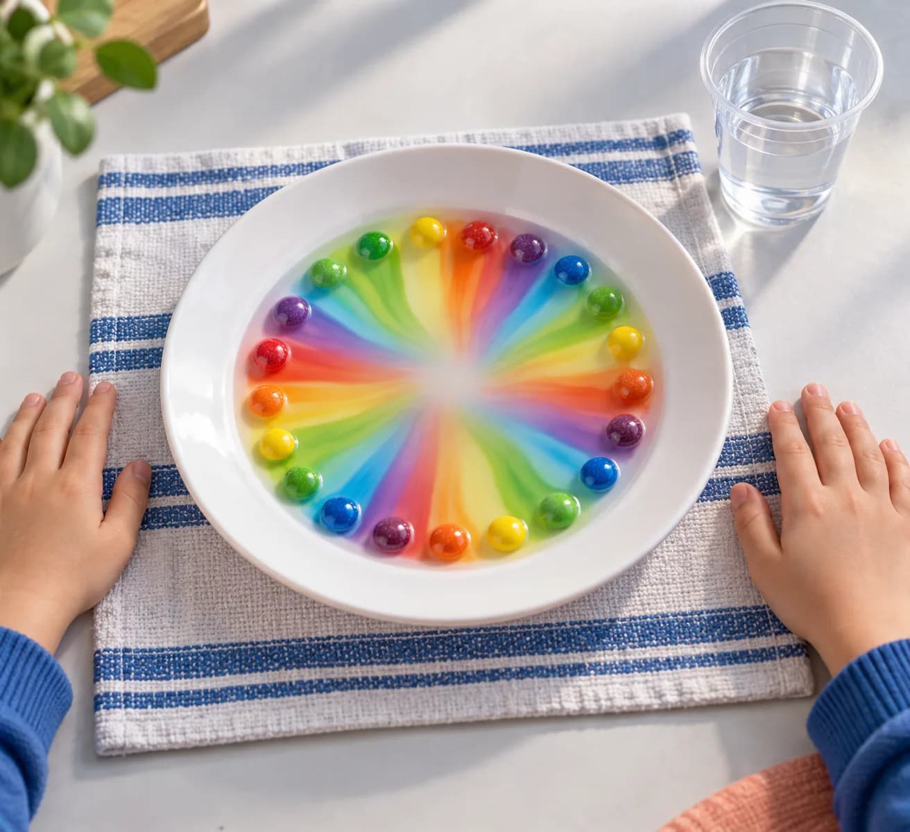 Étape 5 : Observe pendant 2 à 5 minutes sans déplacer l'assiette ni toucher l'eau. Repère où apparaissent les premières traces colorées, puis suis leur progress