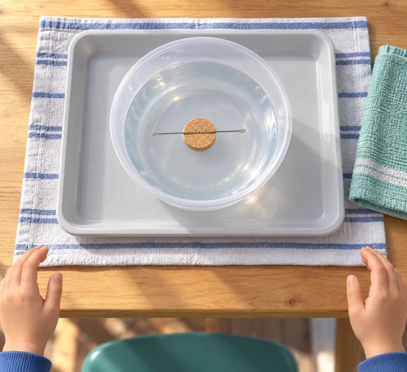 Étape 5 : Sans toucher la table ni le bol, observe le trombone pendant une à deux minutes. Repère la direction de ses deux extrémités par rapport aux bords de l