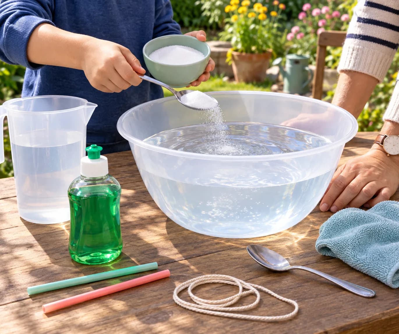 Étape 2 : Mesure 1 litre d'eau et verse-le dans le saladier. Ajoute 2 cuillères à soupe de sucre et remue doucement jusqu'à ne plus voir de grains.