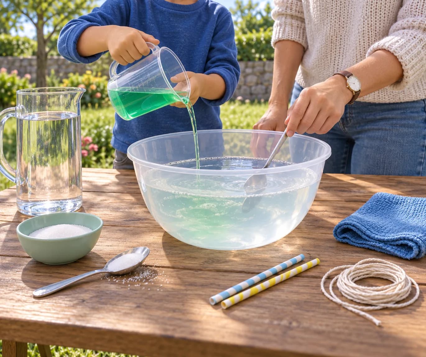 Étape 3 : Mesure 10 cl de liquide vaisselle et verse-les lentement dans l'eau sucrée. Mélange doucement avec la cuillère, sans battre le liquide.