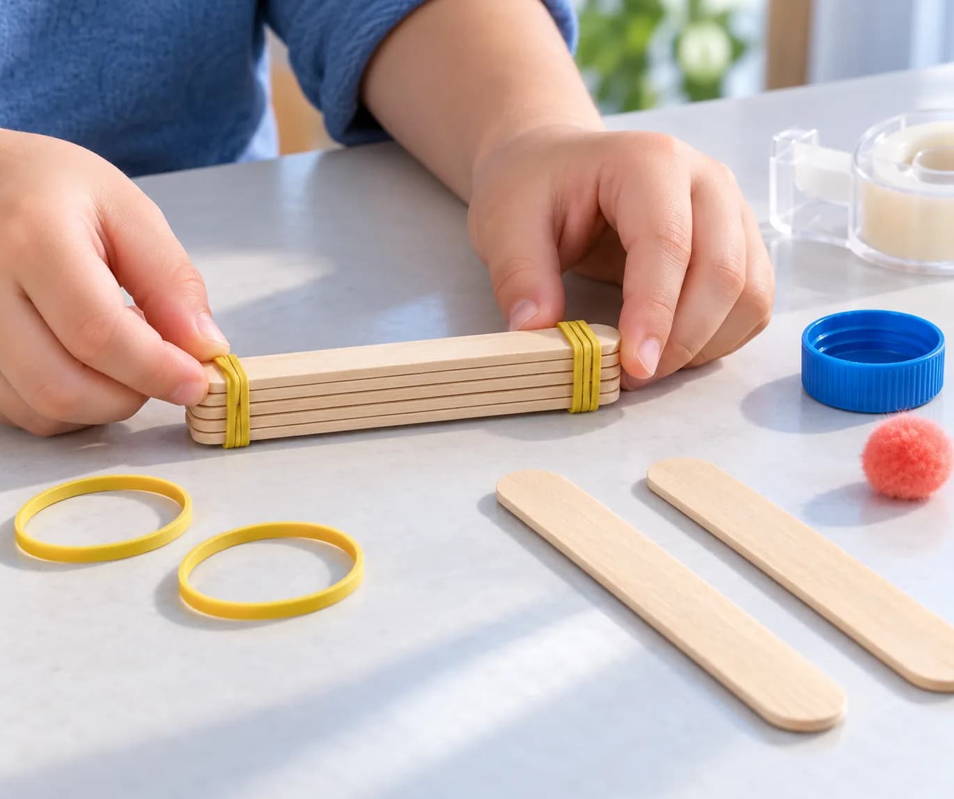 Étape 1 : Empile 5 bâtonnets en alignant leurs extrémités. Entoure chaque bout de la pile avec un élastique pour obtenir un petit support bien serré.