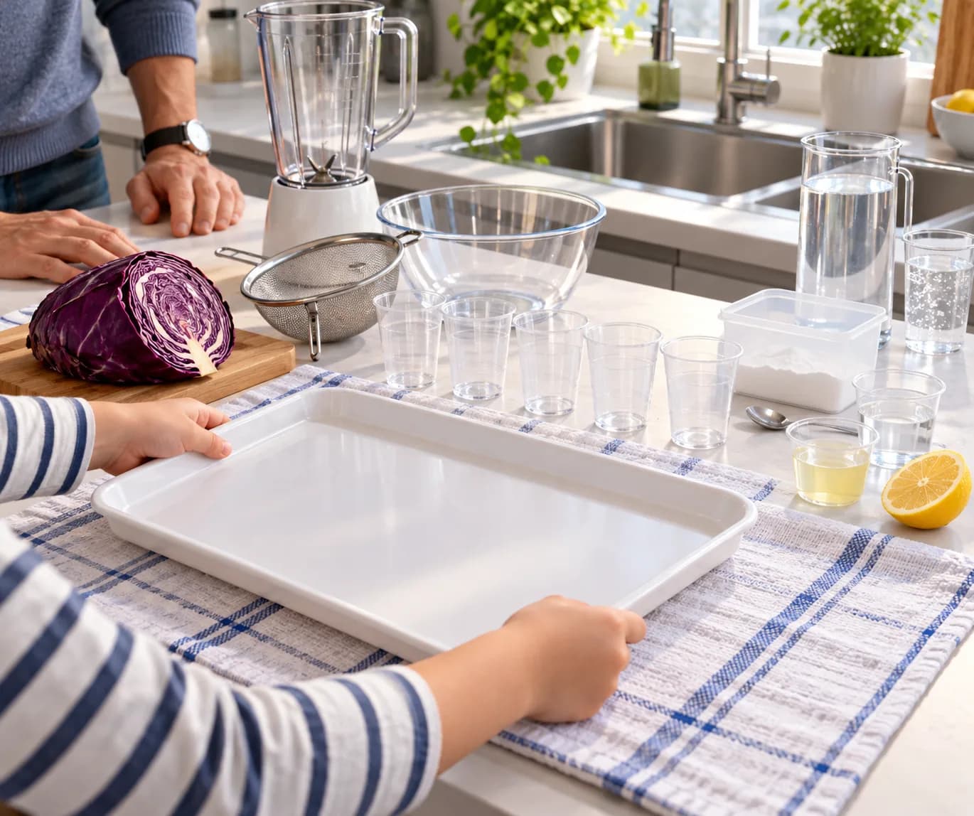 Étape 1 : Installe le plateau sur une table protégée, près de l’évier, avec l’adulte dans la pièce.
