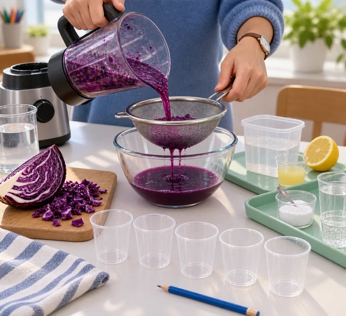 Étape 2 : L’adulte coupe le quart de chou rouge en morceaux et le mixe avec les 50 cl d’eau froide. Il filtre ensuite le mélange à travers la passoire, au-dessu