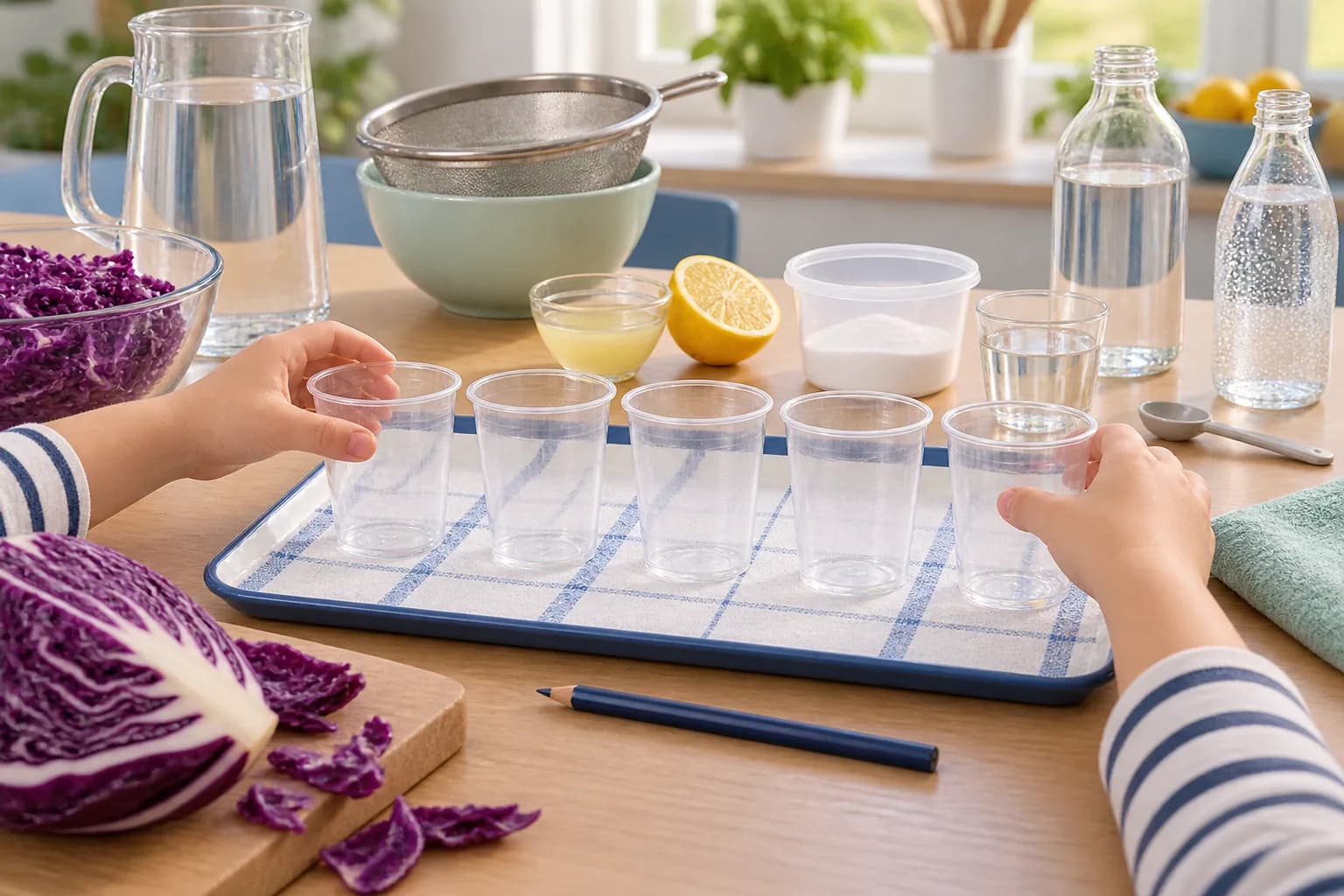 Étape 3 : Identifie les cinq gobelets : eau, vinaigre, citron, bicarbonate et eau gazeuse. Si tu n’utilises pas d’eau gazeuse, nomme le dernier « deuxième eau »