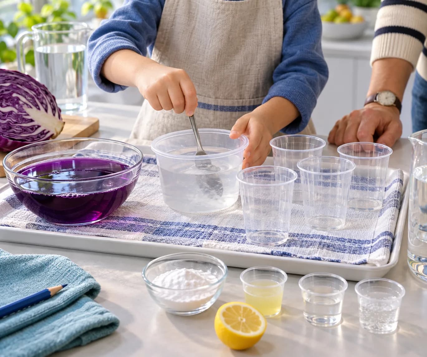 Étape 4 : Dans le récipient en plastique distinct destiné au bicarbonate, prépare la solution en remuant 1 cuillère à café rase de bicarbonate dans 100 ml d’eau