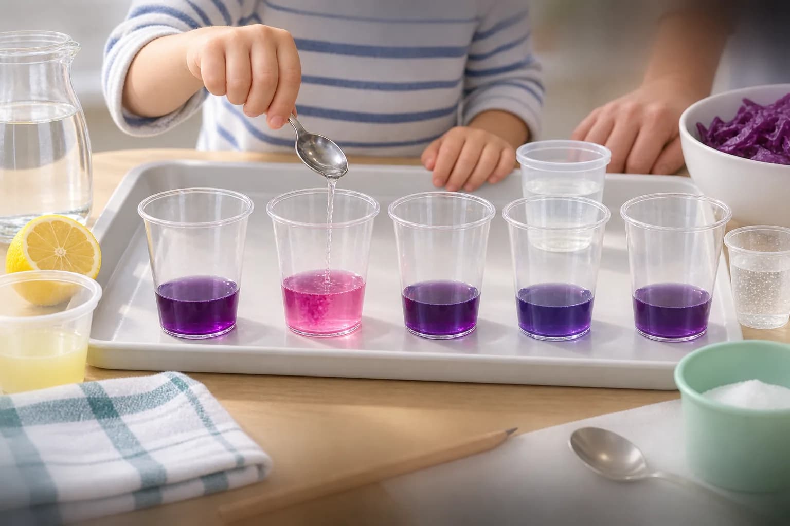 Étape 6 : Ajoute dans chaque gobelet 2 cuillères à café du liquide correspondant : eau du robinet, vinaigre, jus de citron, solution de bicarbonate et eau gazeu