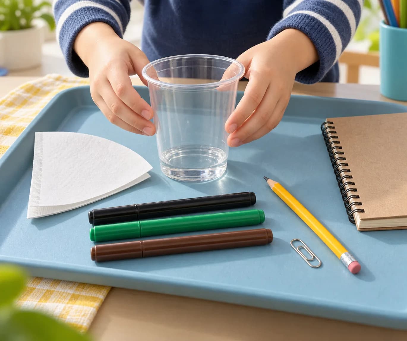 Étape 1 : Installe le gobelet sur une table protégée par un plateau ou un torchon. Vérifie avec l’adulte que l’eau forme une couche de 1 cm et que les trois feu