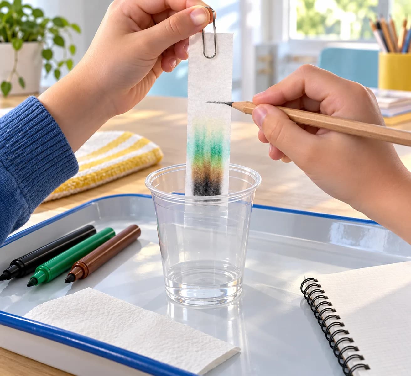 Étape 6 : Soulève le crayon pour retirer la bande, puis marque immédiatement au crayon la limite atteinte par l’eau. Détache le papier et laisse-le sécher à pla