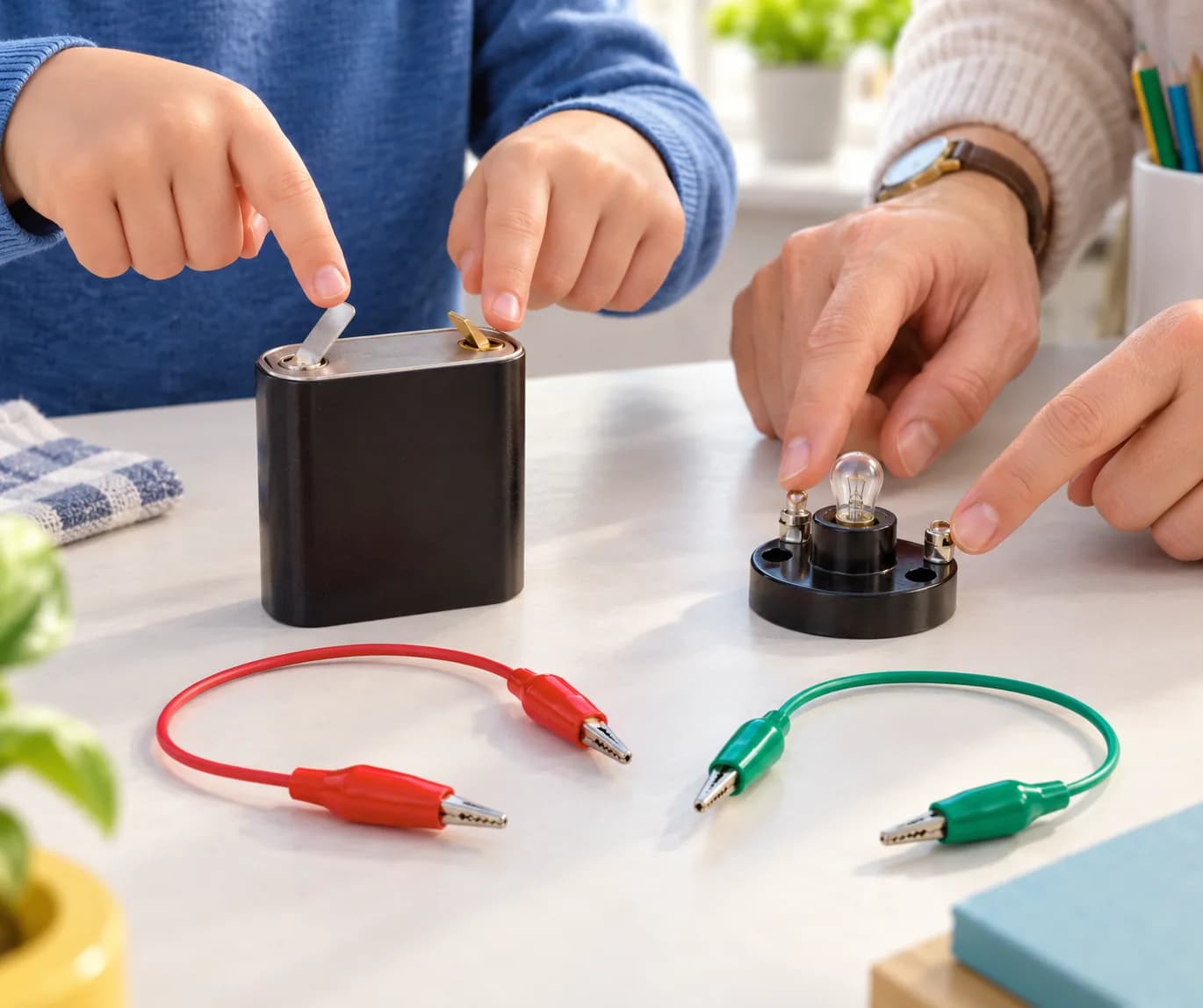 Étape 2 : Observe les deux bornes de la pile et les deux contacts de la douille, sans brancher les fils. Vérifie avec l’adulte que l’ampoule est bien installée
