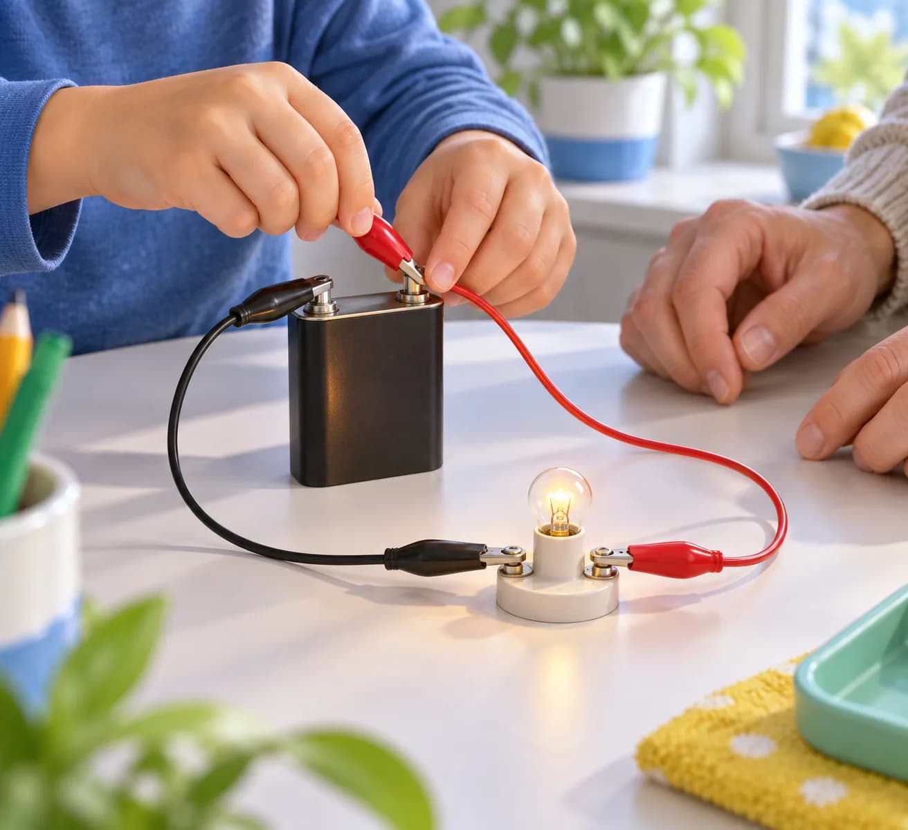 Étape 5 : Fixe maintenant la pince libre sur l’autre borne de la pile : chaque borne est ainsi reliée à un contact différent de la douille. Observe l’ampoule qu